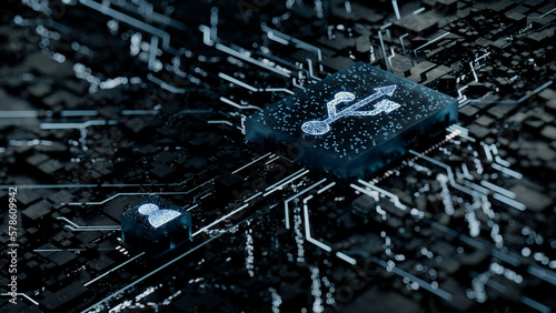 Interface Technology Concept with usb symbol on a Microchip. White Neon Data flows between the CPU and the User across a Futuristic Motherboard. 3D render. photo