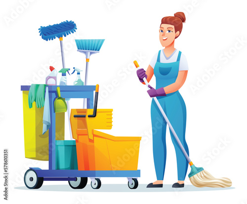 Cheerful cleaning woman with mop and cleaning equipment. Female janitor cartoon character