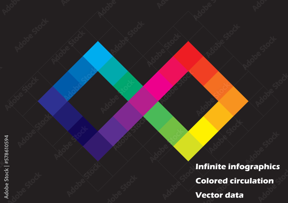 Infinity symbol infographic made up of rainbow colored hue circles. Graphic material. Black background. Infinity symbol infographic made up of rainbow colored hue circles. Graphic material. Black background.