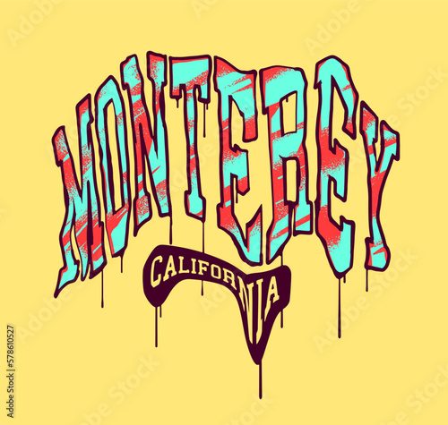 An illustration with a distorted grunge print design, showcasing a college style varsity aesthetic inspired by Monterey, California