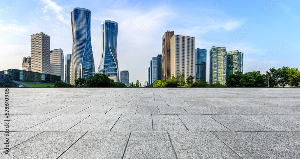 Empty floor and city skyline with modern building in Hangzhou, China.