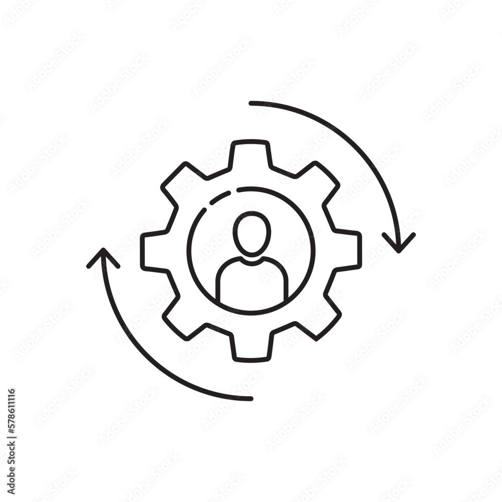 black gear icon with stick figure man inside. simple linear style trend modern cogwheel logotype graphic stroke art design isolated on white background. concept of developer sign or digital skill black gear icon with stick figure man inside. simple linear style trend modern cogwheel logotype graphic stroke art design isolated on white background. concept of developer sign or digital skill