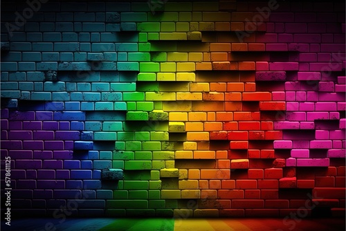 Abstract background, brick wall with neon lighting. Wallpaper or background. Generative AI.