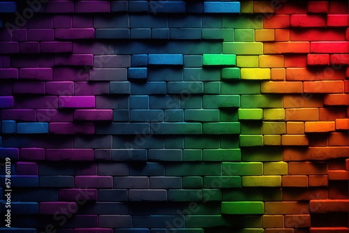 Abstract background  brick wall with neon lighting. Wallpaper or background. Generative AI.