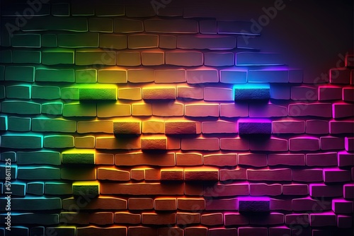 Abstract background  brick wall with neon lighting. Wallpaper or background. Generative AI.