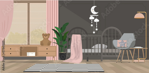 Illustration of a baby crib standing between a low cupboard and an armchair, lamp and stool in child's room interior.