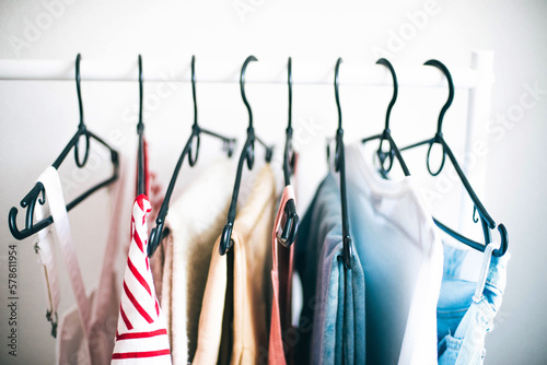 Close up of  clothing on a  rack. photo