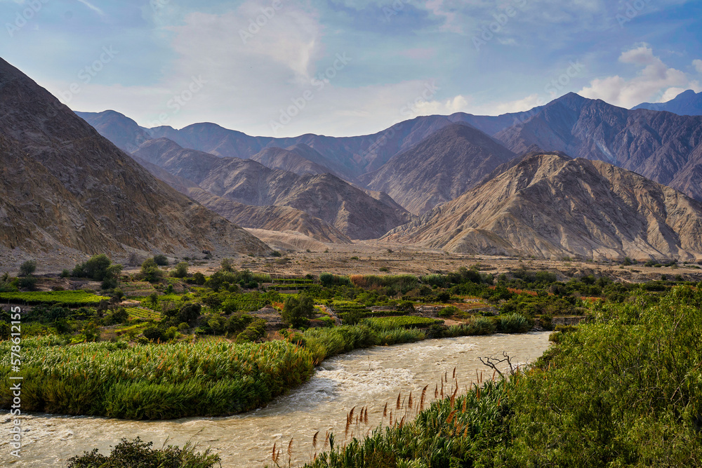 Mountain landscape with river, valley and mountains in Leh, Ladakh, India