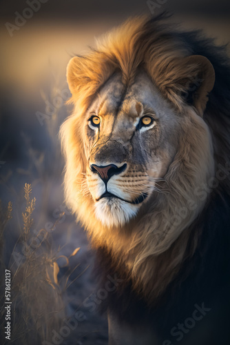 Close-up of african lion in the savannah. Wildlife animals. Generative AI.