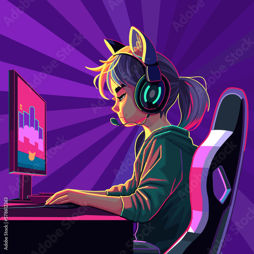 Asian girl gamer or streamer with a headset sits in front of a computer