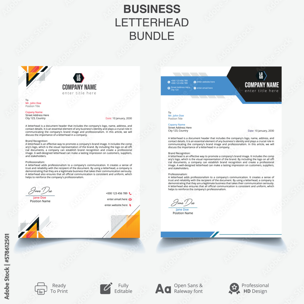 corporate modern letterhead design template with yellow, blue color. creative modern letter head design template for your project. letterhead, letter head, Business