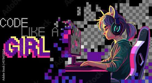 Asian girl programmer with a headset sits in front of a computer
