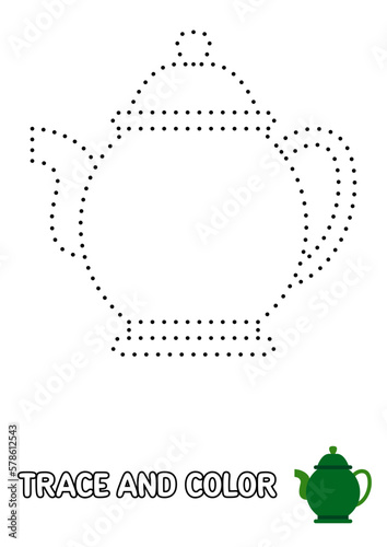 Tea Pot tracing and coloring worksheet for kids