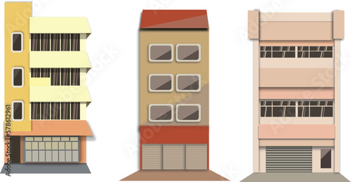 Set of different types of buildings. Vector illustration isolated on white background.
