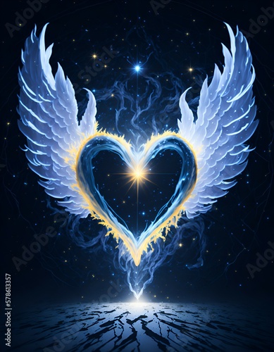 luminous heart with two wings with stars background on a starry floor