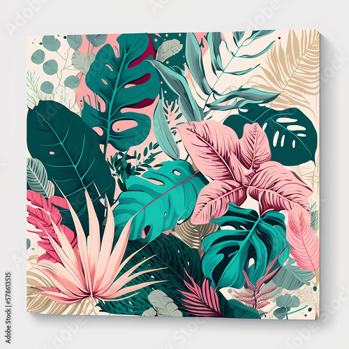 Illustration of colorful pastel tropical plants and leaves. Wall decoration painting concept. Generative AI.