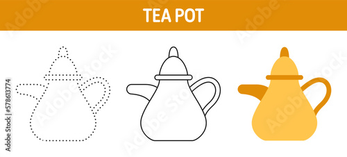 Tea Pot tracing and coloring worksheet for kids