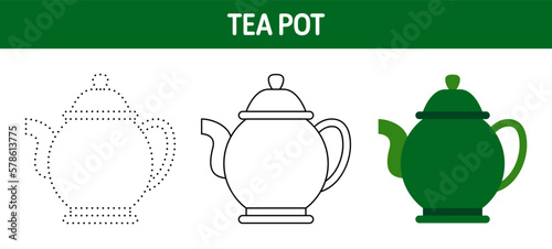 Tea Pot tracing and coloring worksheet for kids