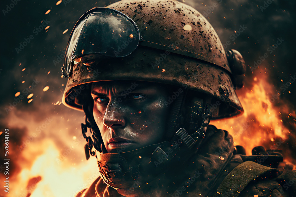portrait of soldier in helmet and modern ammunition at war in battle. Generative AI