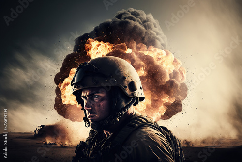 Leinwand Poster portrait of soldier in helmet and modern ammunition at war in battle