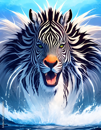 A zebra to lion head Splash art. AI generated illustration