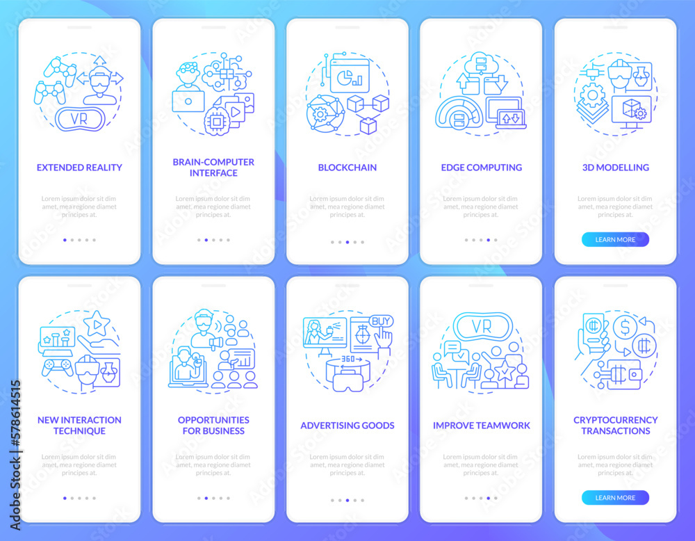 Metaverse for business blue gradient onboarding mobile app screens set. Walkthrough 5 steps graphic instructions with linear concepts. UI, UX, GUI template. Myriad Pro-Bold, Regular fonts used