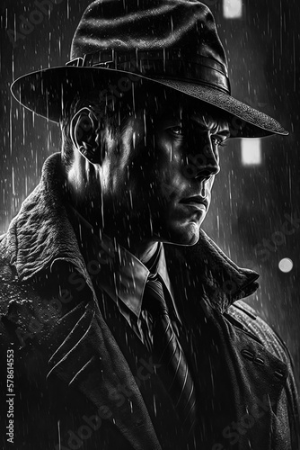 black and white portrait of male noir detective in a coat and hat in a night city. Generative AI