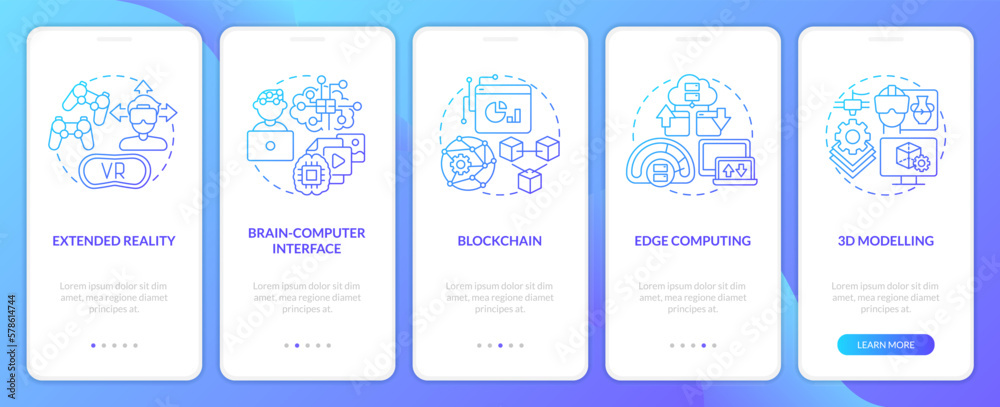 Metaverse technologies blue gradient onboarding mobile app screen. Innovation walkthrough 5 steps graphic instructions with linear concepts. UI, UX, GUI template. Myriad Pro-Bold, Regular fonts used