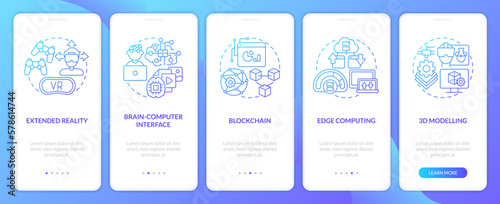 Metaverse technologies blue gradient onboarding mobile app screen. Innovation walkthrough 5 steps graphic instructions with linear concepts. UI, UX, GUI template. Myriad Pro-Bold, Regular fonts used