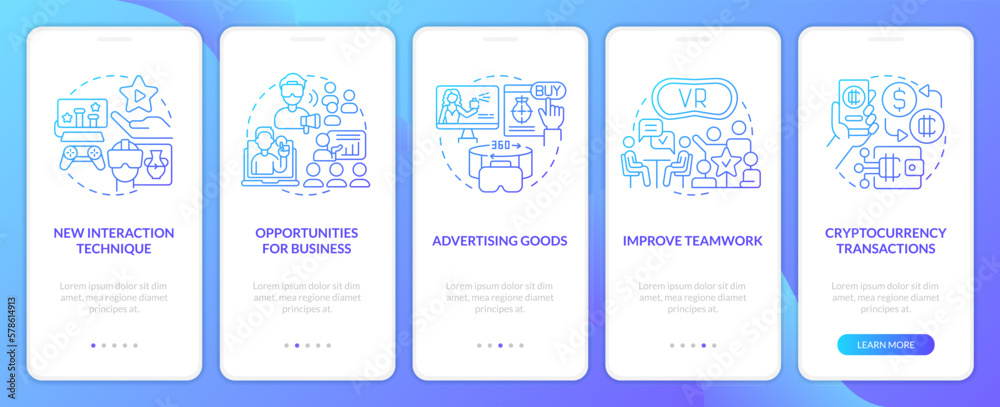 Metaverse importance for business blue gradient onboarding mobile app screen. Walkthrough 5 steps graphic instructions with linear concepts. UI, UX, GUI template. Myriad Pro-Bold, Regular fonts used