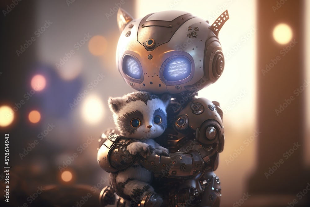 A cute robot cradles a small cat in its arms, while the background is softly blurred with a realistic bokeh effect, adding a touch of magic to the heartwarming moment.