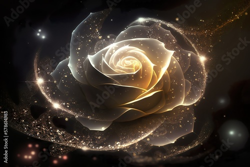 Fototapeta Naklejka Na Ścianę i Meble -  a glowing white rose captures its delicate beauty while reflecting the vastness of space, including mesmerizing nebulas and cosmic wonders.
