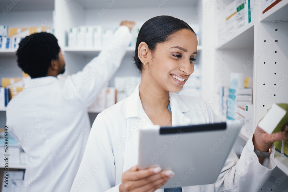 Pharmacist, woman or digital tablet for medicine check, stock take or medical research in drugs store. Smile, happy or pharmacy worker on technology for pills, checklist or ecommerce healthcare order Pharmacist, woman or digital tablet for medicine check, stock take or medical research in drugs store. Smile, happy or pharmacy worker on technology for pills, checklist or ecommerce healthcare order