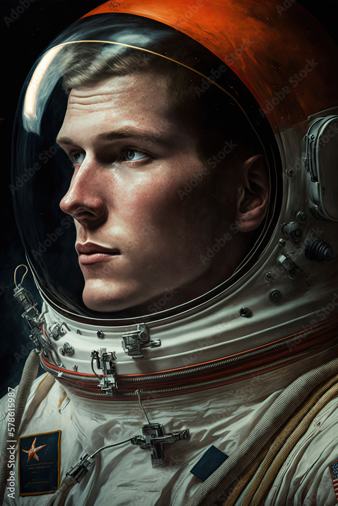 portrait of a male astronaut in a helmet and spacesuit. Generative AI