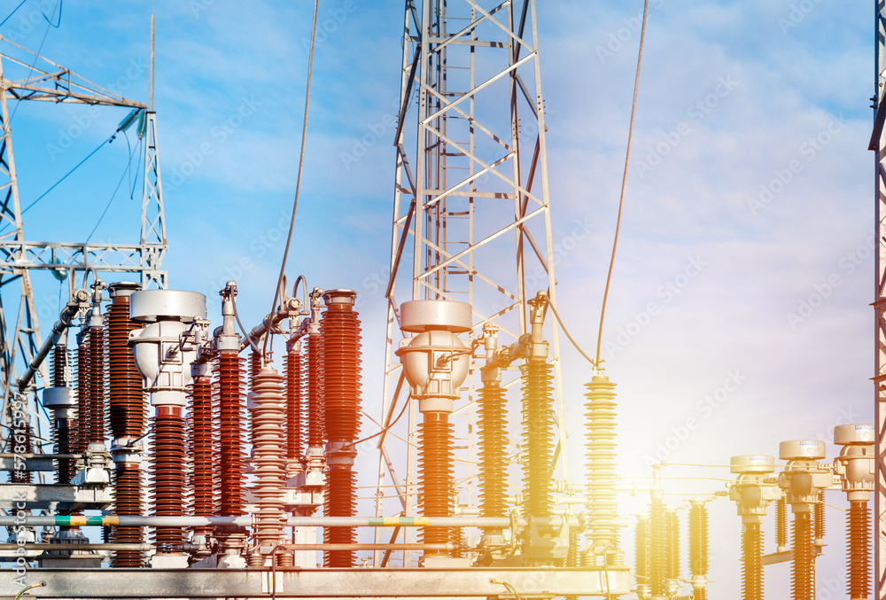 High voltage circuit breaker in a power substation.Electric power