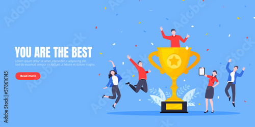 Employee recognition or proud workers of the month business concept flat style design vector illustration. Young adult people jump in the air near trophy cup.