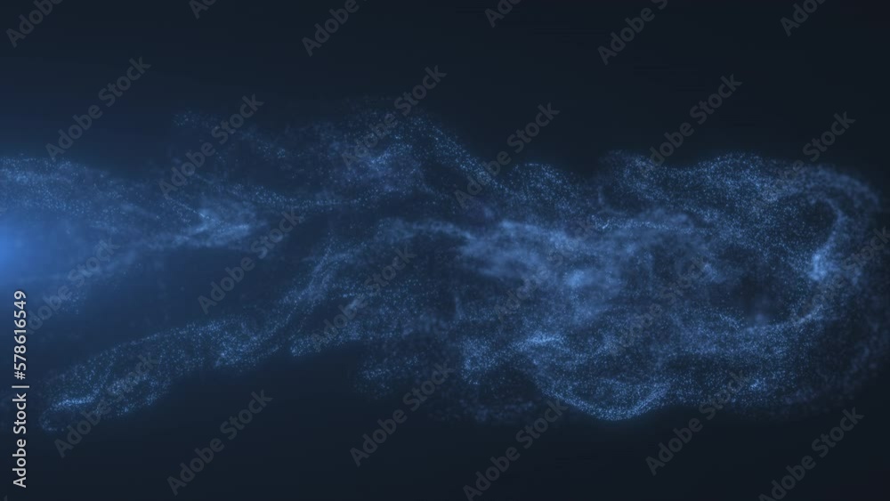 A clot of gas bubbles flying from left to right in a blue liquid. Abstract animation with slowing down in the middle. 3D render. 4K.