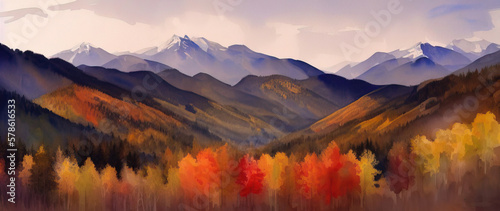 Watercolor mountain autumn landscape with snow on the peaks. Panorama. Generative AI.