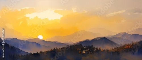 Watercolor mountain autumn landscape with snowy peaks. Panorama. Generative AI. © Valentina Watercolor