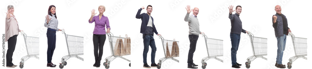 group of people with cart isolated on white group of people with cart isolated on white