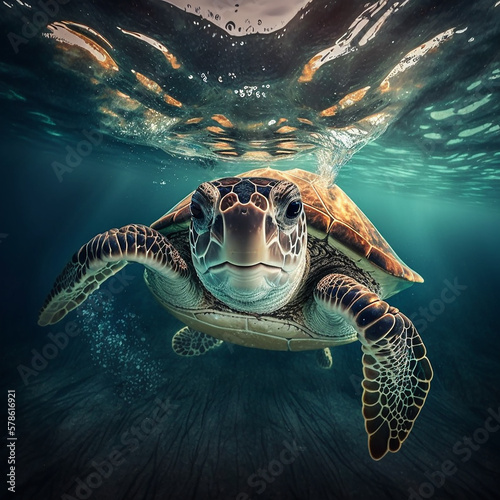 Illustration of happy sea turtle swimming underwater. Underwater life concept. Generative AI. © Alpa