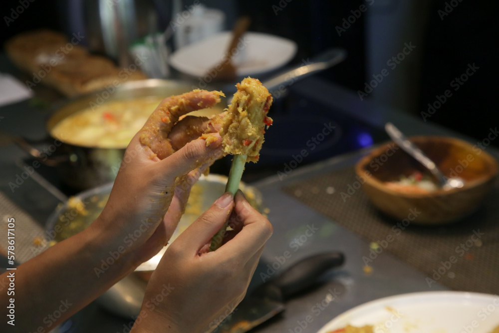 Fototapeta premium Indonesian lemongrass satay preparation steps