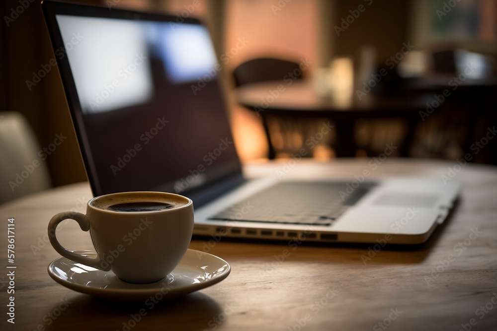 Enjoy your lifestyle with a perfect cup of coffee on a cozy background that blends in with the table, while working on your laptop or notebook at a comfortable desk in a cafe