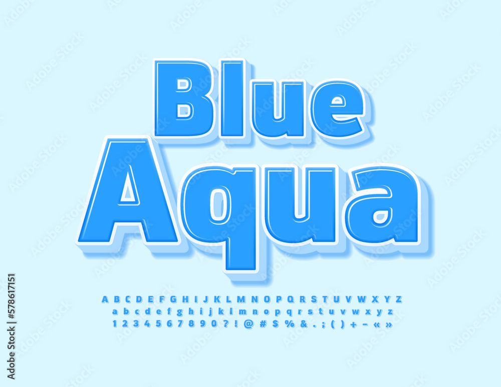 Vector stylish Emblem Blue Aqua with 3D Alphabet set. Modern Font.