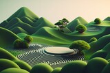 A poetic geometric zen garden Japanese green hills with in minimal 3D background patterns