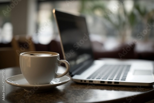 Enjoy your lifestyle with a perfect cup of coffee on a cozy background that blends in with the table, while working on your laptop or notebook at a comfortable desk in a cafe