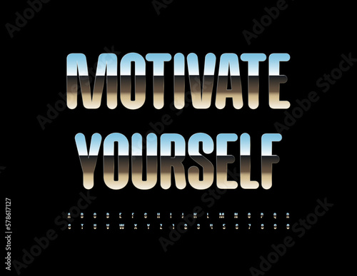 Vector inspiration banner Motivate Yourself. Modern Metallic Font. Silver Alphabet Letters, Numbers and Symbols