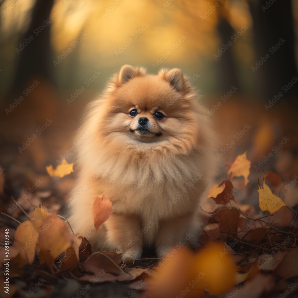 Femelle Spitz nain poméranien de 2 ans couleur sable, aux poils duveteux, en Automne (Generative IA) Femelle Spitz nain poméranien de 2 ans couleur sable, aux poils duveteux, en Automne (Generative IA)