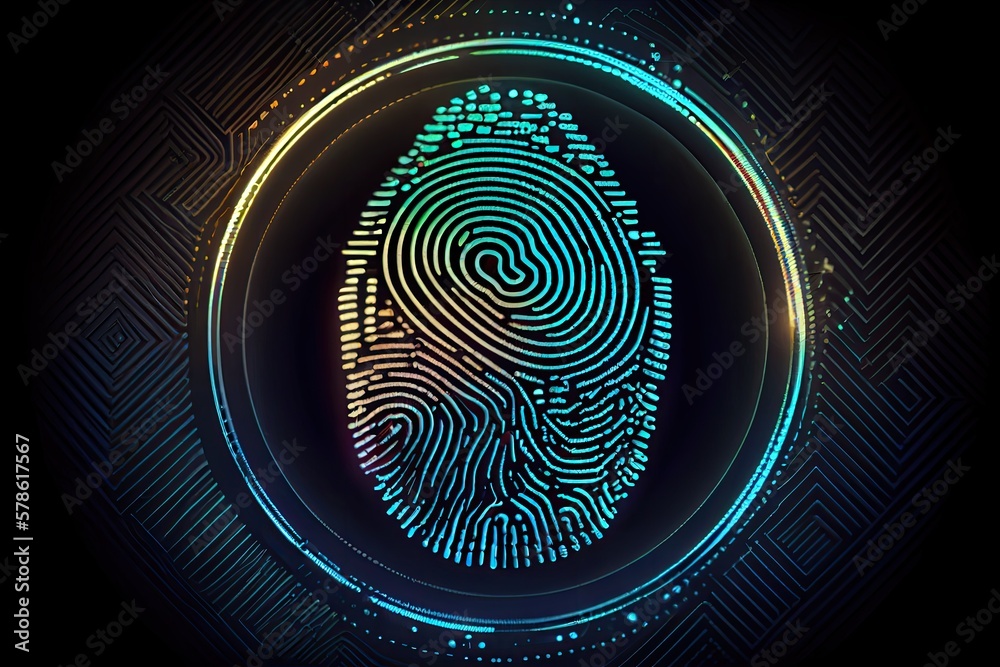 Fingerprint digital security risk concept. Cyber crime identification illustration. Generative AI Fingerprint digital security risk concept. Cyber crime identification illustration. Generative AI