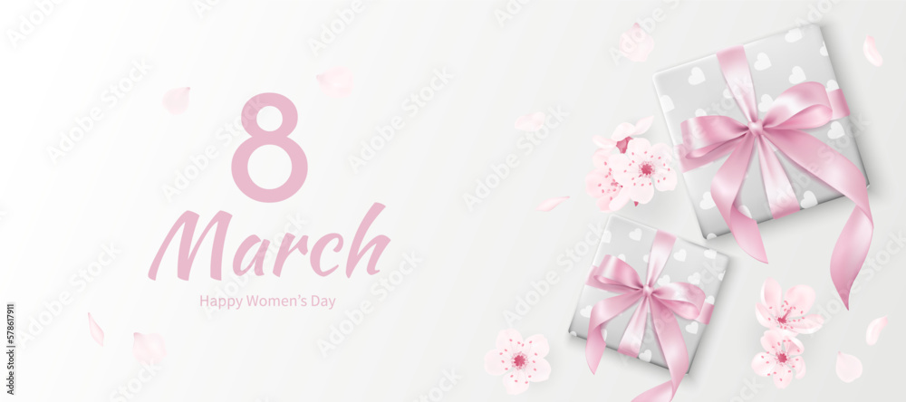 8 March greeting banner with pink realistic ribbons on gifts. Presents with cute bow, women's day website header vector Illustration. Template for advertising, web, social media pastel pink.